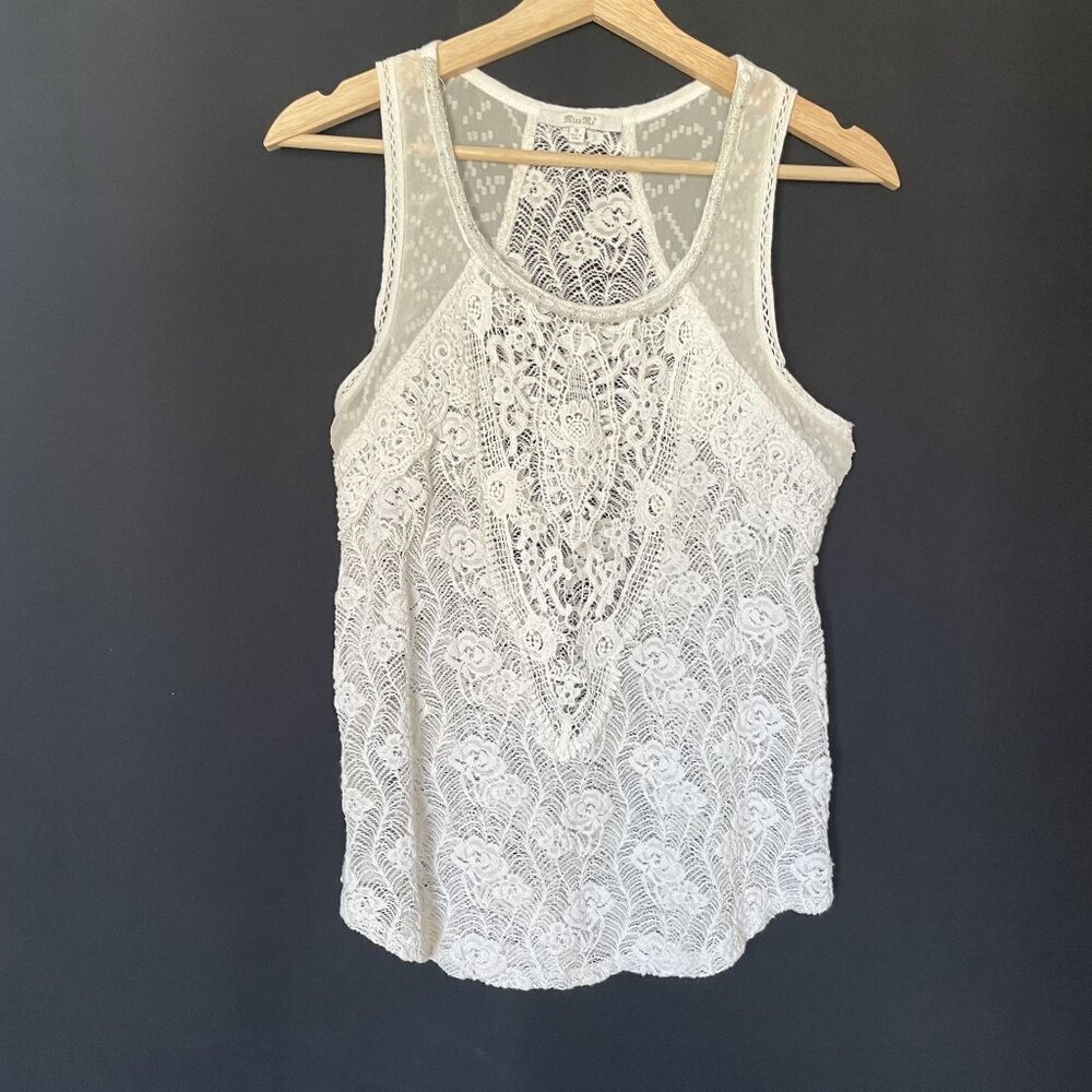 Miss Me Floral Lace Sleeveless Tank Top M White Womens Sheer Dotted Back